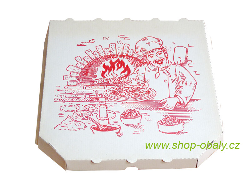 Krabice na pizzu 28x28x3cm mvl bílá s potiskem Kuchař