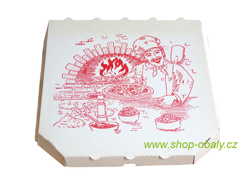 Krabice na pizzu 32x32x3cm mvl bílá s potiskem Kuchař