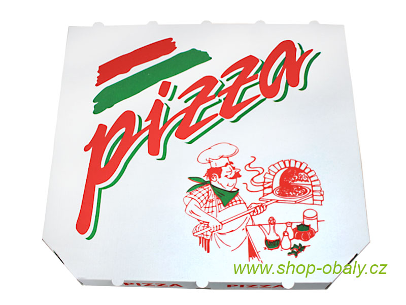 Krabice na pizzu 40x40x4cm mvl bílá s potiskem Kuchař