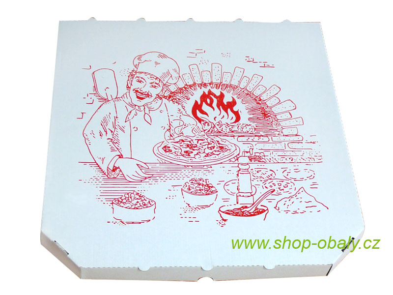Krabice na pizzu 40x40x3, 5cm mvl bílá s potiskem Kuchař