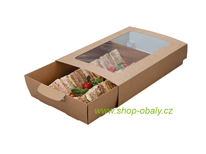 Převlek na papírový podnos na sendviče MEDIUM s oknem 402x260x82mm kraft