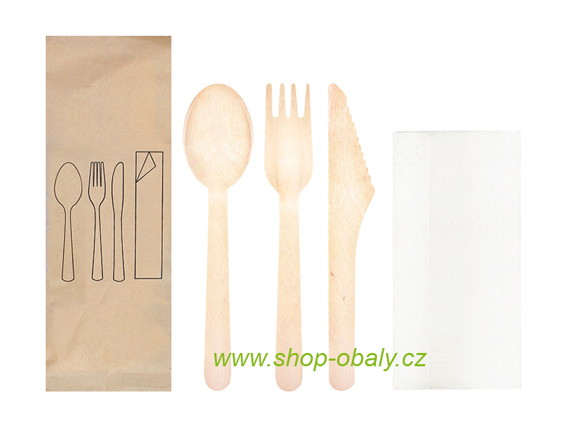 Příborový set dřevěný vidlička + nůž + lžíce 16cm + ubrousek 2vr. bal.kraft